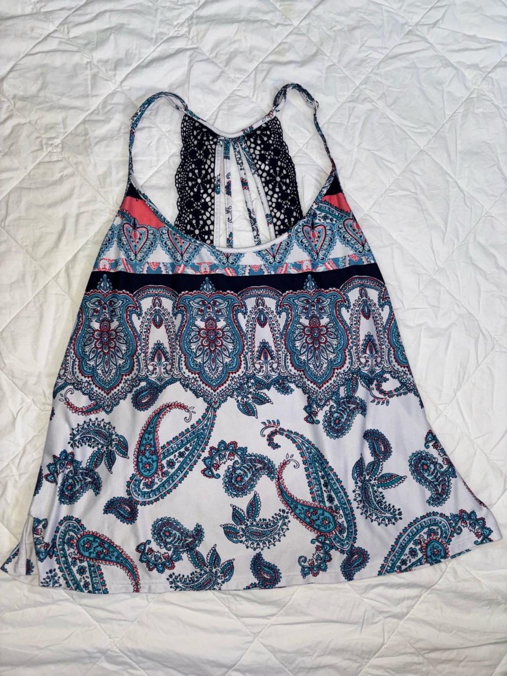 Women’s Paisley Print Strappy Tank Top - White & Teal